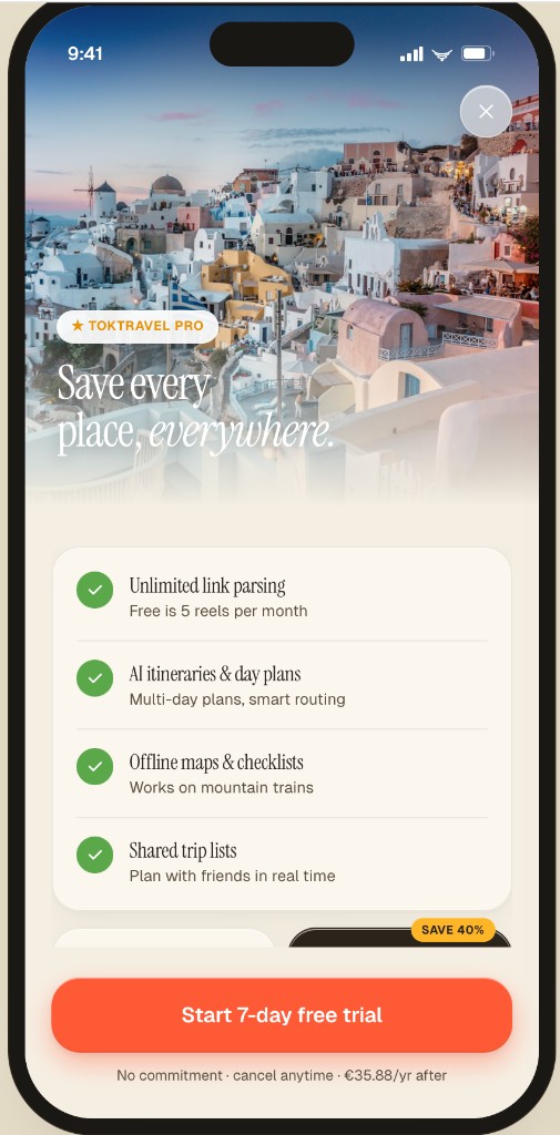TokTravel premium paywall screen concept